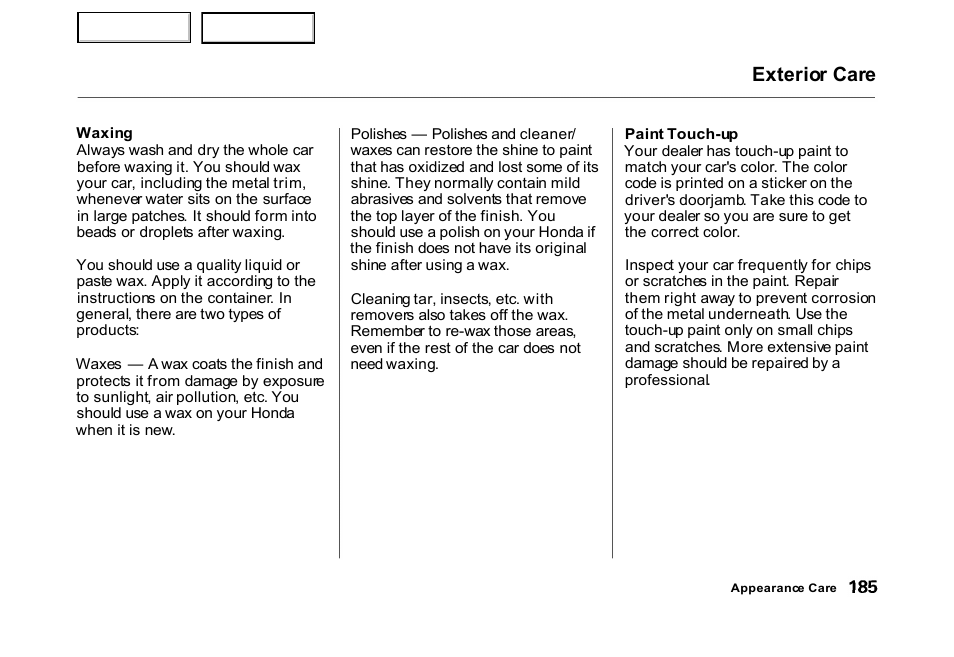 Exterior care | HONDA 2000 Civic Hatchback - Owner's Manual User Manual | Page 188 / 245