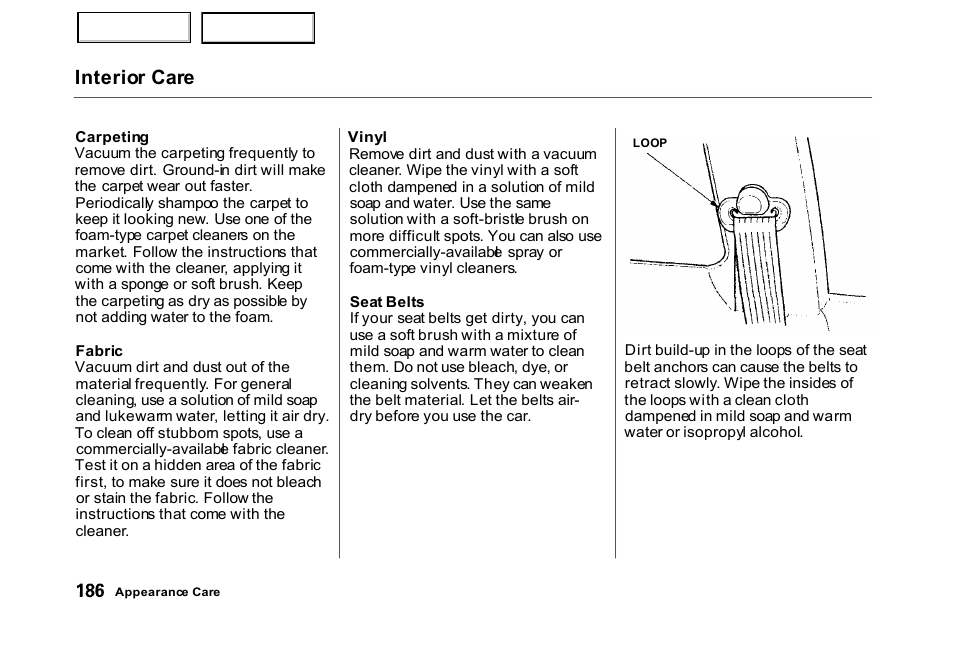 Vinyl, Interior care | HONDA 2000 Civic Hatchback - Owner's Manual User Manual | Page 189 / 245