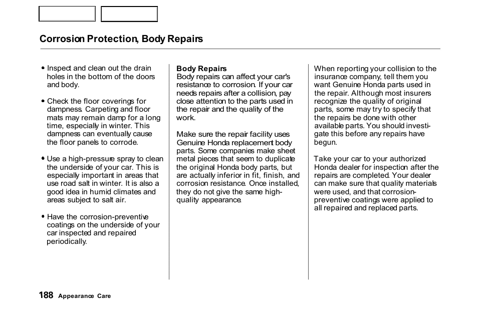 Corrosion protection, body repairs | HONDA 2000 Civic Hatchback - Owner's Manual User Manual | Page 191 / 245