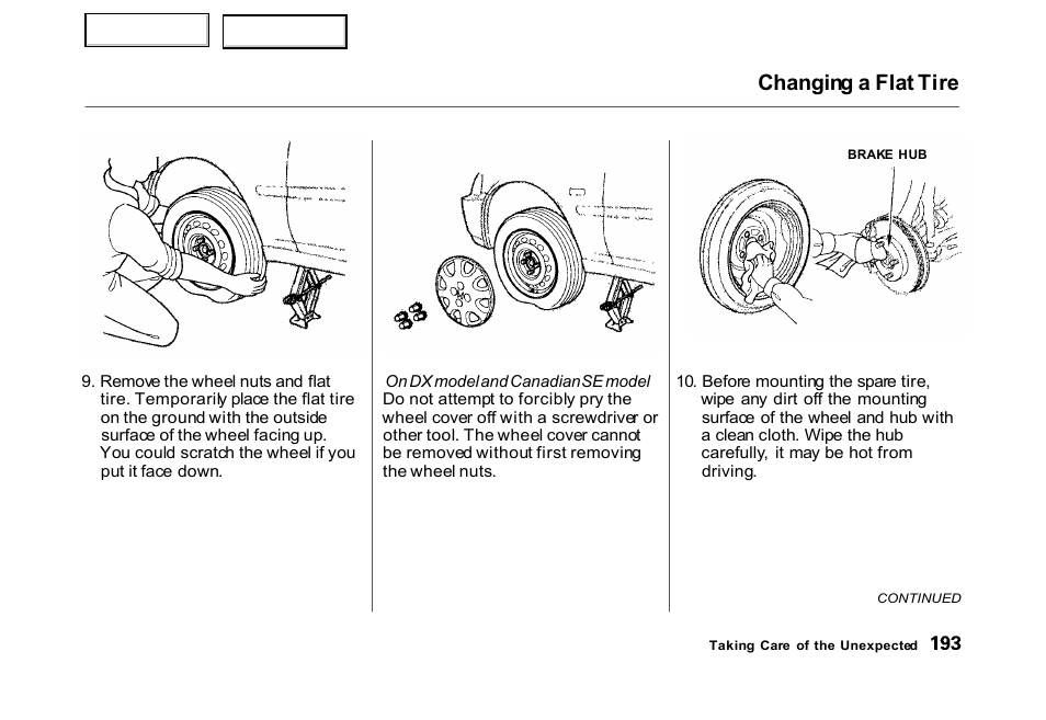 Changing a flat tire | HONDA 2000 Civic Hatchback - Owner's Manual User Manual | Page 196 / 245
