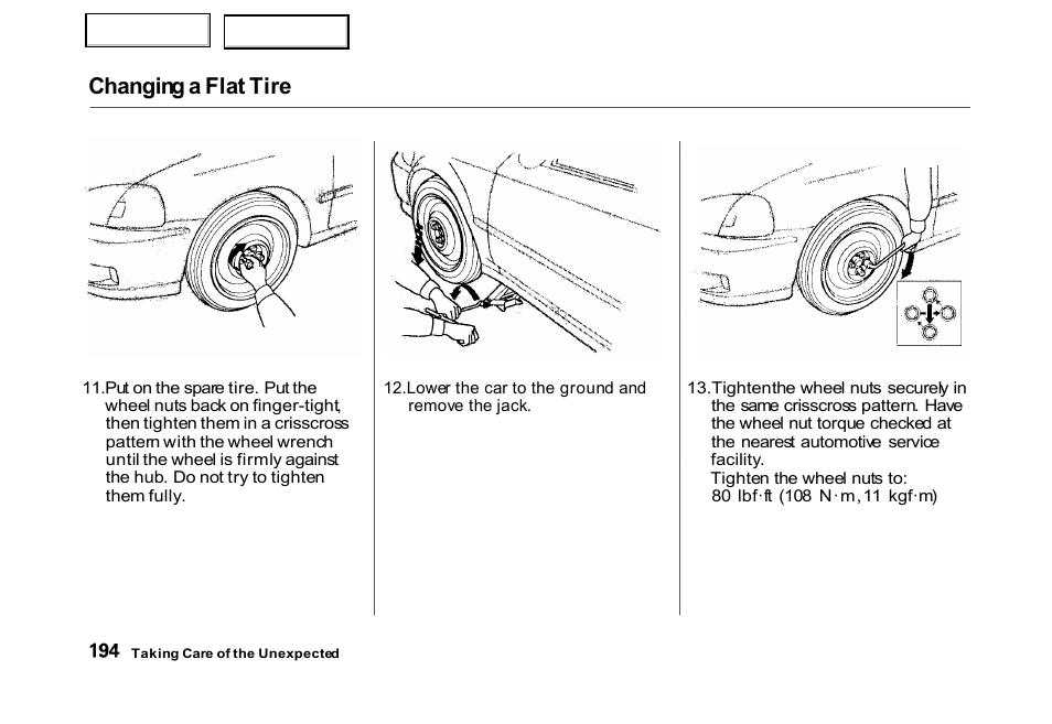 Changing a flat tire | HONDA 2000 Civic Hatchback - Owner's Manual User Manual | Page 197 / 245