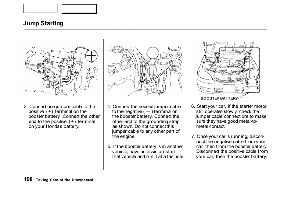 Jump starting | HONDA 2000 Civic Hatchback - Owner's Manual User Manual | Page 201 / 245