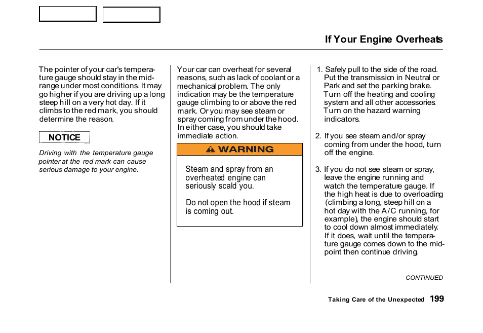 If your engine overheats | HONDA 2000 Civic Hatchback - Owner's Manual User Manual | Page 202 / 245