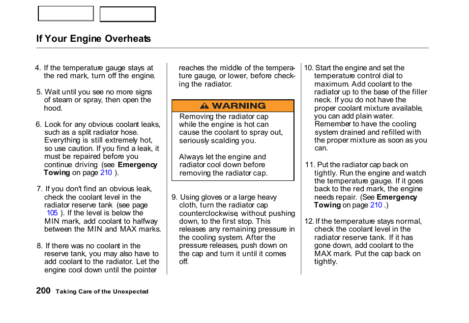 If your engine overheats | HONDA 2000 Civic Hatchback - Owner's Manual User Manual | Page 203 / 245