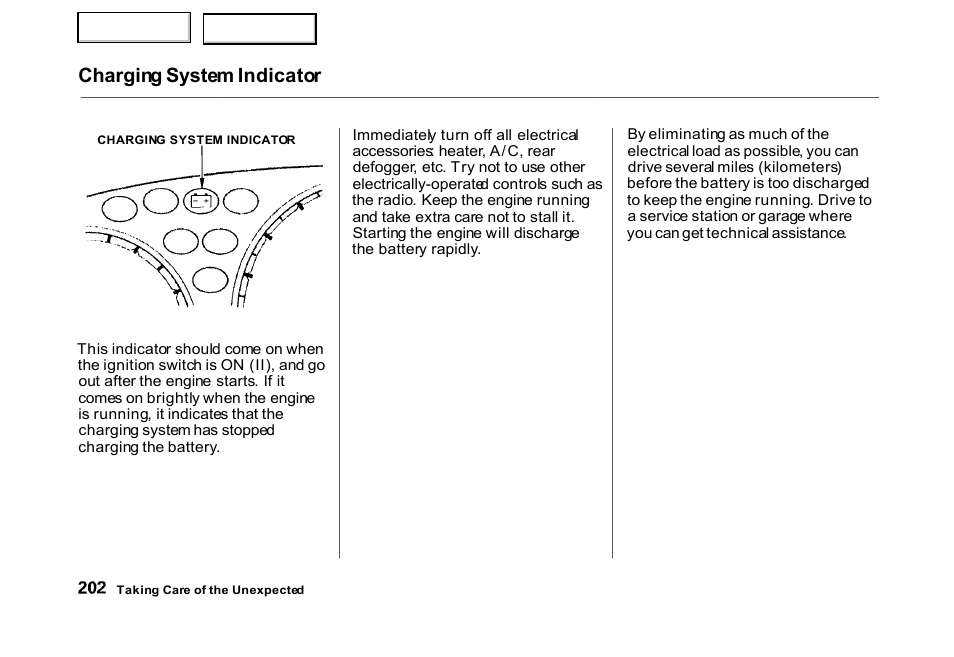 Charging system indicator | HONDA 2000 Civic Hatchback - Owner's Manual User Manual | Page 205 / 245