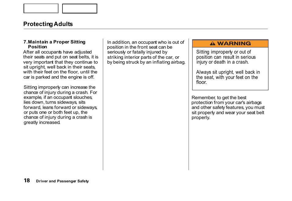 Protecting adults | HONDA 2000 Civic Hatchback - Owner's Manual User Manual | Page 21 / 245