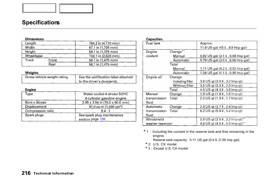 Specifications | HONDA 2000 Civic Hatchback - Owner's Manual User Manual | Page 219 / 245