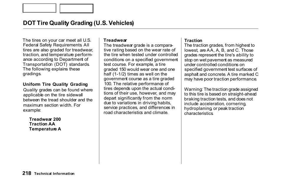 Dot tire quality grading (u.s. vehicles) | HONDA 2000 Civic Hatchback - Owner's Manual User Manual | Page 221 / 245