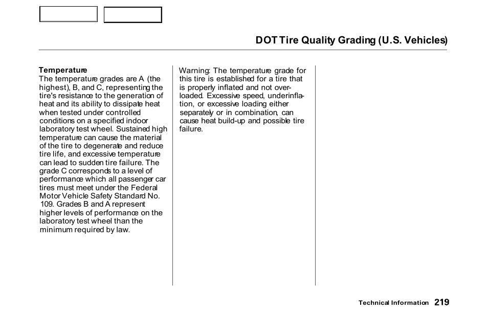 Dot tire quality grading (u.s. vehicles) | HONDA 2000 Civic Hatchback - Owner's Manual User Manual | Page 222 / 245