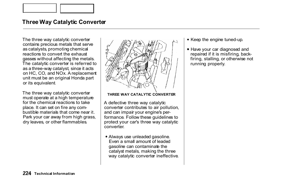Three way catalytic converter | HONDA 2000 Civic Hatchback - Owner's Manual User Manual | Page 227 / 245