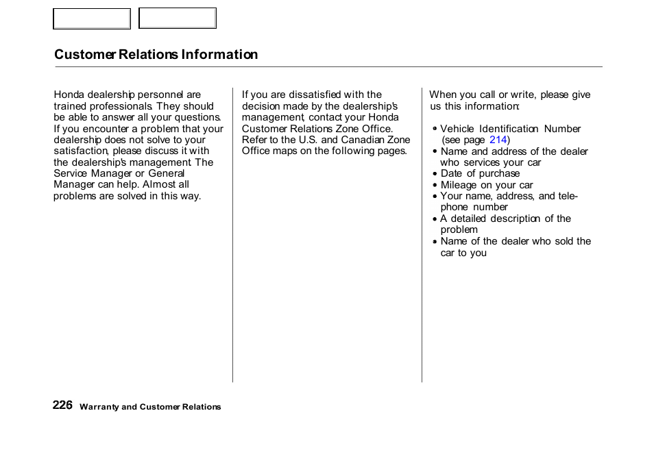 Customer relations information | HONDA 2000 Civic Hatchback - Owner's Manual User Manual | Page 229 / 245