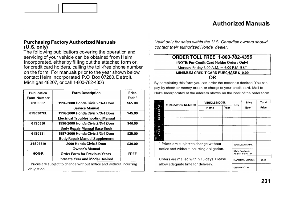Authorized manuals | HONDA 2000 Civic Hatchback - Owner's Manual User Manual | Page 234 / 245