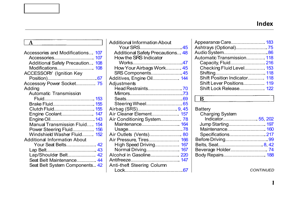 Index | HONDA 2000 Civic Hatchback - Owner's Manual User Manual | Page 236 / 245