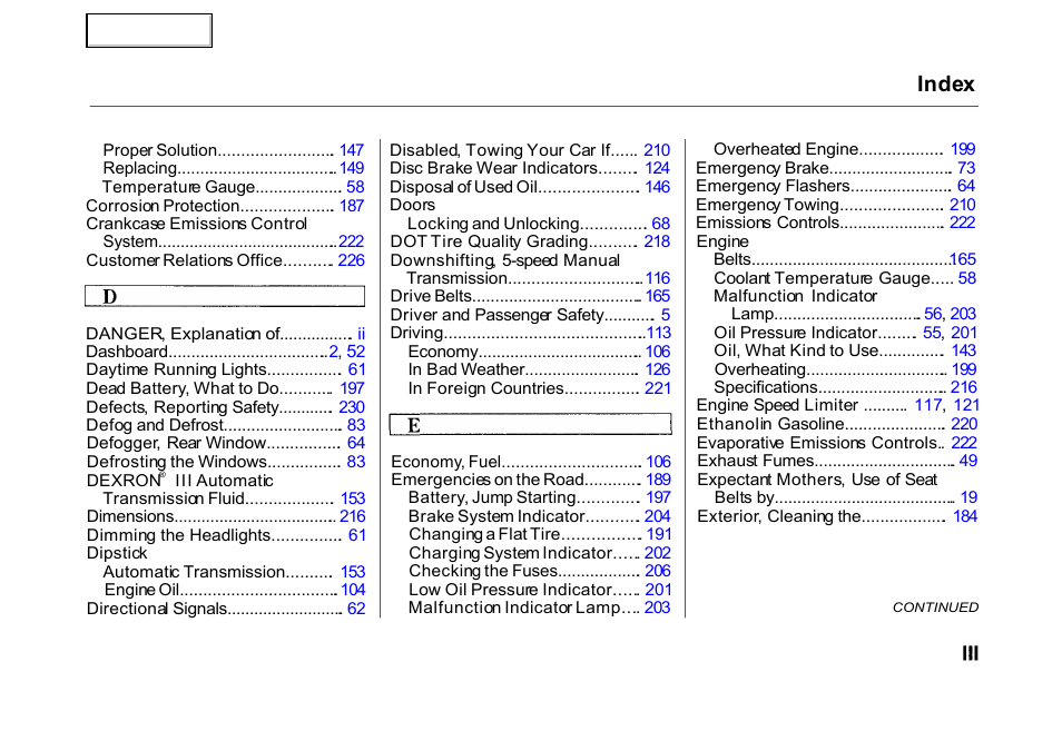 Index | HONDA 2000 Civic Hatchback - Owner's Manual User Manual | Page 238 / 245