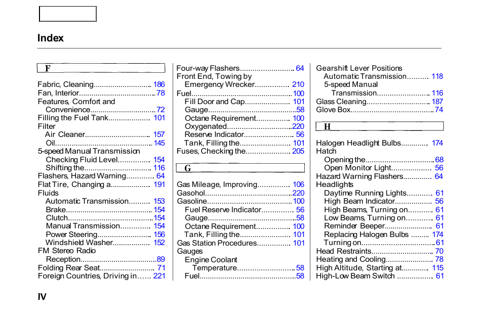 Index | HONDA 2000 Civic Hatchback - Owner's Manual User Manual | Page 239 / 245