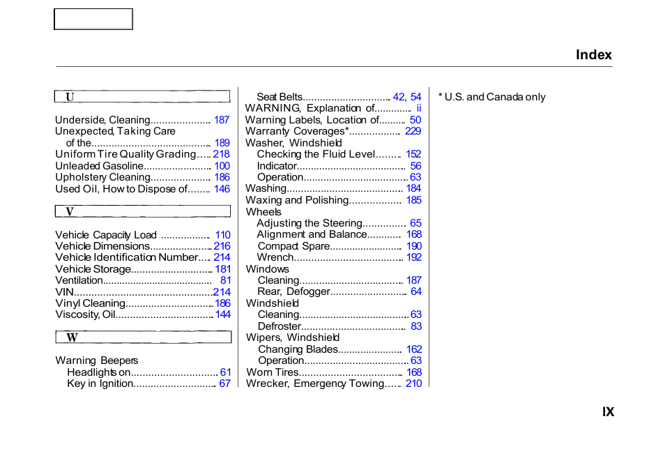 Index | HONDA 2000 Civic Hatchback - Owner's Manual User Manual | Page 244 / 245