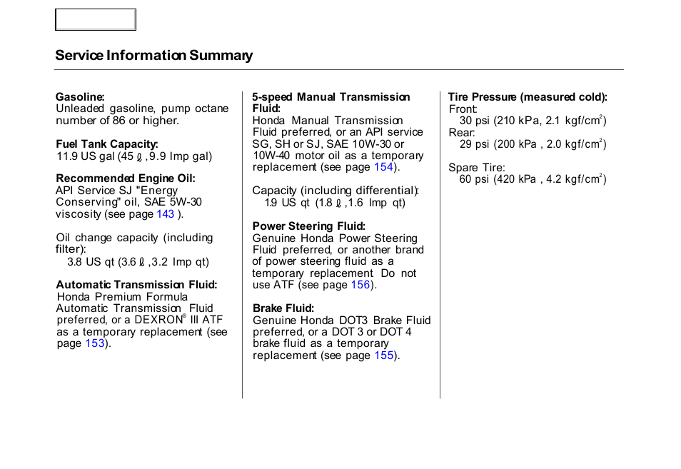 Service information summary | HONDA 2000 Civic Hatchback - Owner's Manual User Manual | Page 245 / 245