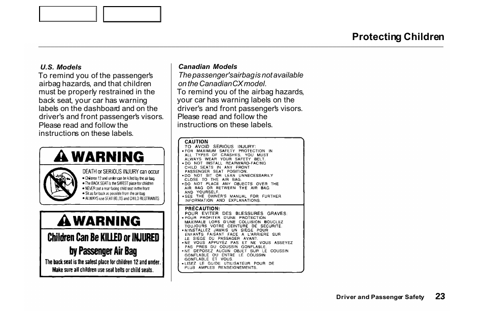 Protecting children | HONDA 2000 Civic Hatchback - Owner's Manual User Manual | Page 26 / 245