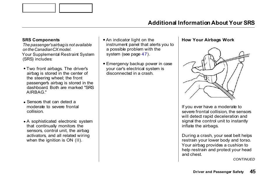 Additional information about your srs | HONDA 2000 Civic Hatchback - Owner's Manual User Manual | Page 48 / 245