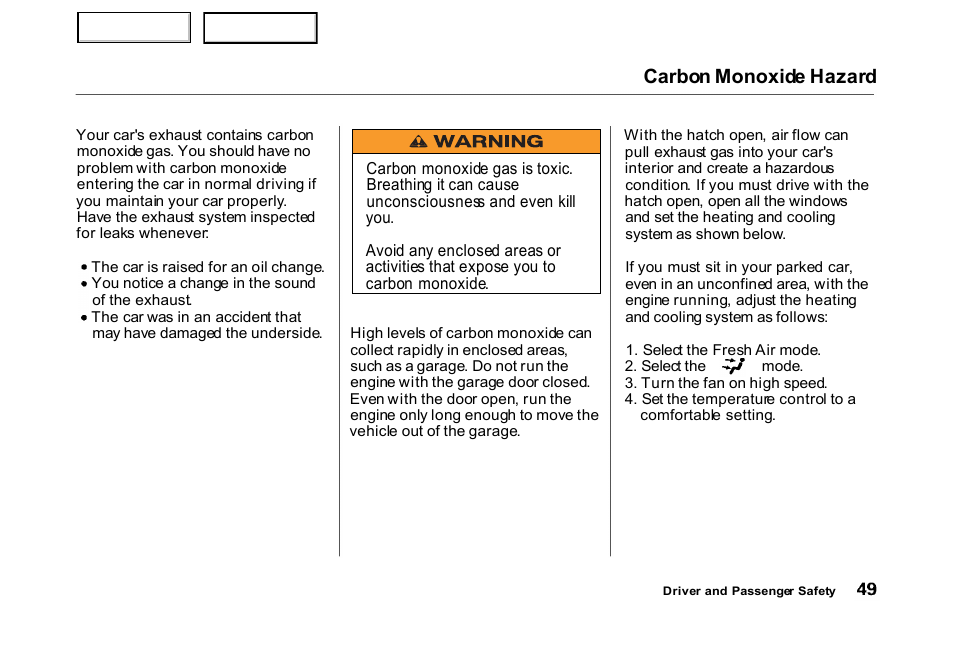 Carbon monoxide hazard | HONDA 2000 Civic Hatchback - Owner's Manual User Manual | Page 52 / 245