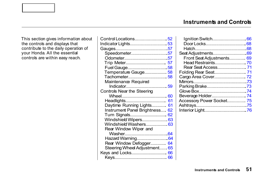 Instruments and controls | HONDA 2000 Civic Hatchback - Owner's Manual User Manual | Page 54 / 245