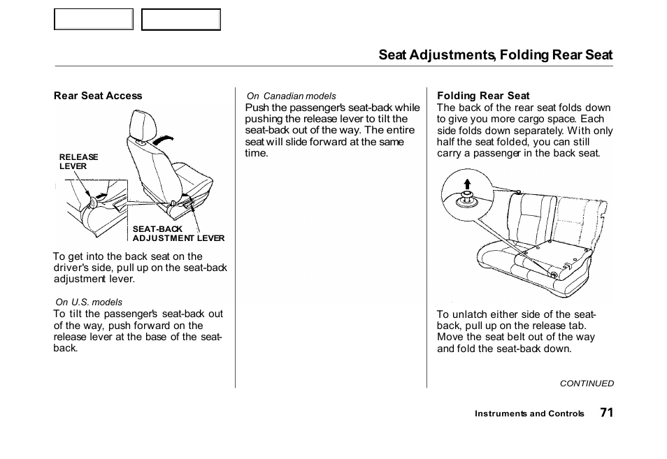 Seat adjustments, folding rear seat | HONDA 2000 Civic Hatchback - Owner's Manual User Manual | Page 74 / 245