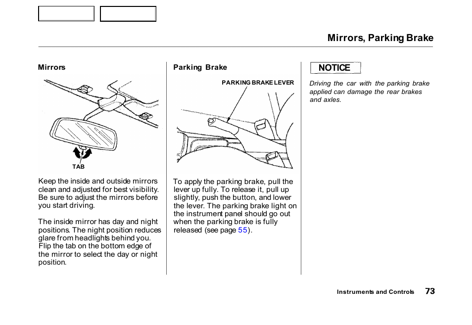 Mirrors, Mirrors, parking brake, Notice | HONDA 2000 Civic Hatchback - Owner's Manual User Manual | Page 76 / 245