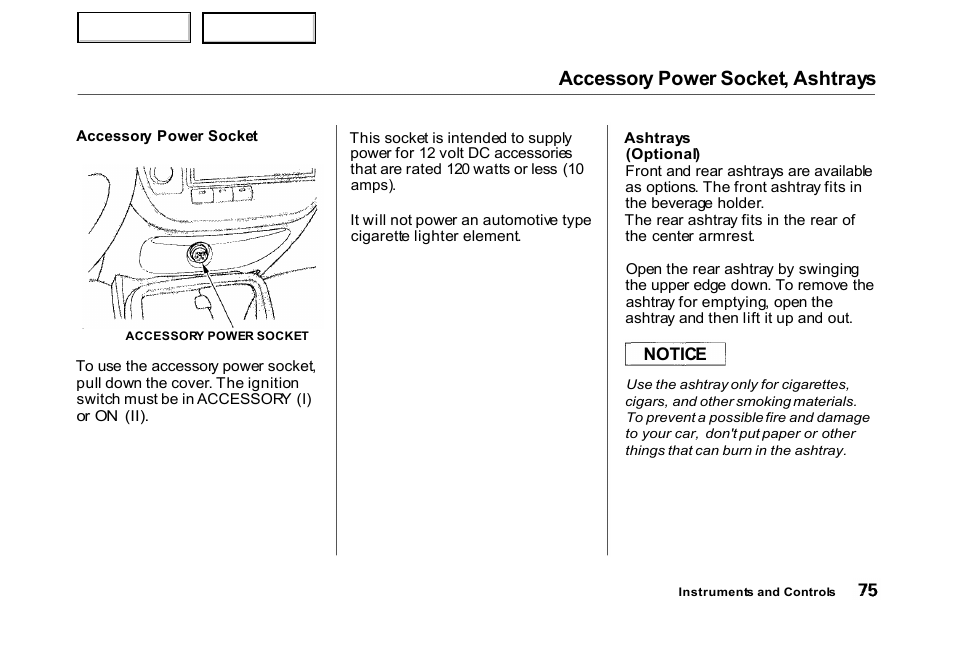 Ashtrays, Accessory power socket, ashtrays | HONDA 2000 Civic Hatchback - Owner's Manual User Manual | Page 78 / 245