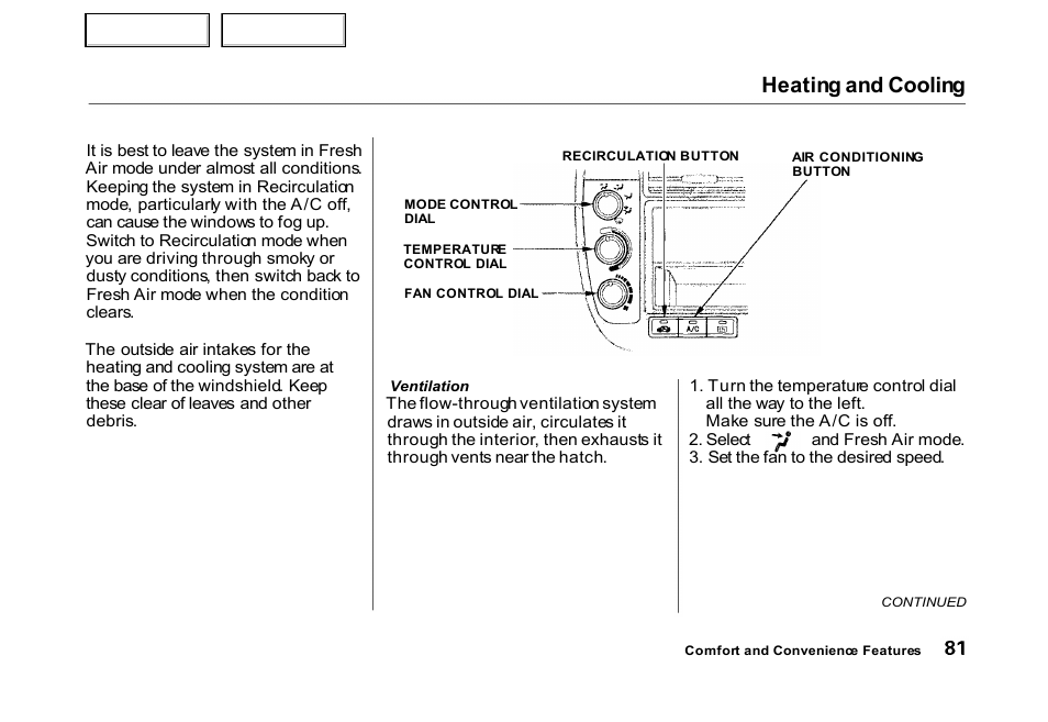 Heating and cooling | HONDA 2000 Civic Hatchback - Owner's Manual User Manual | Page 84 / 245