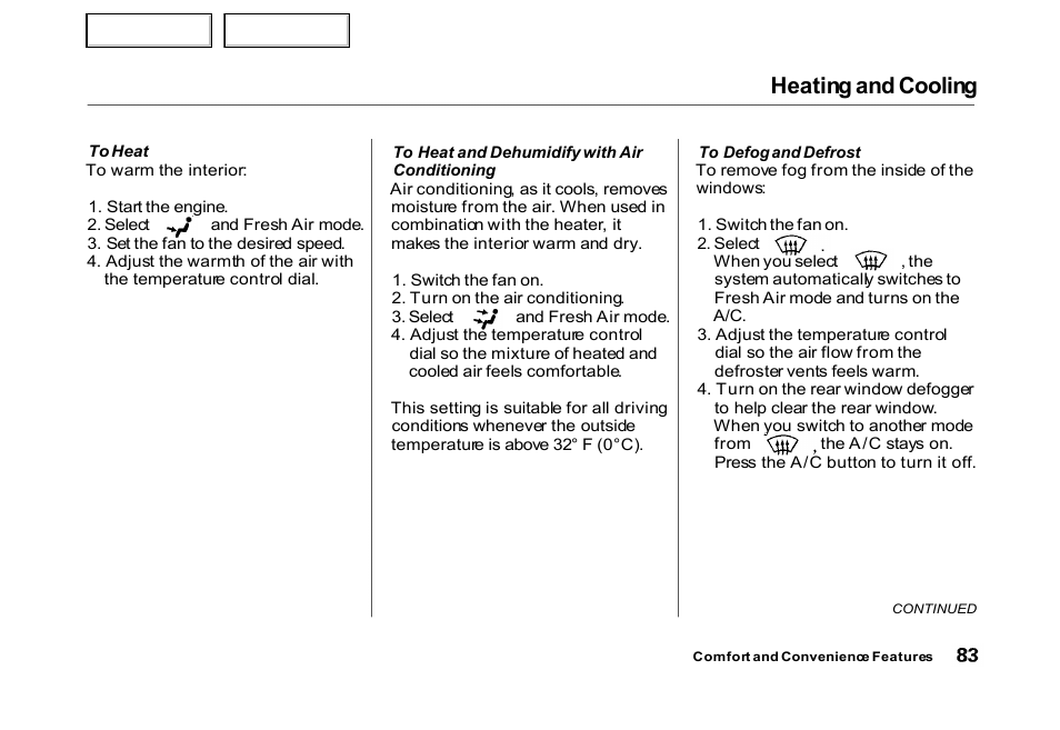 Heating and cooling | HONDA 2000 Civic Hatchback - Owner's Manual User Manual | Page 86 / 245