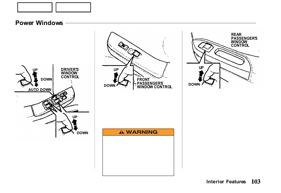 Power windows | HONDA 2000 Passport - Owner's Manual User Manual | Page 106 / 267