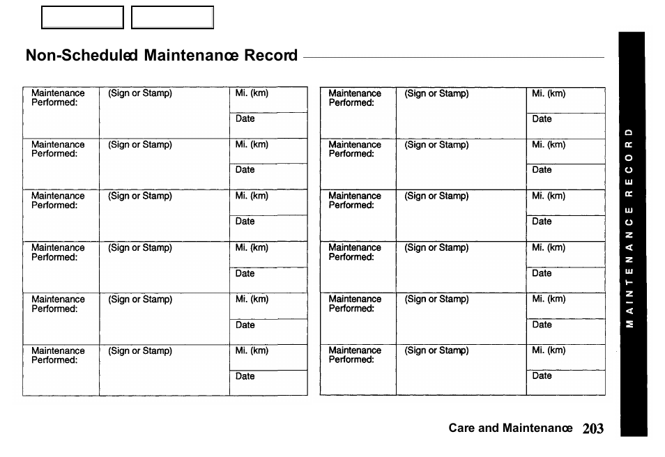 Non-scheduled maintenance record | HONDA 2000 Passport - Owner's Manual User Manual | Page 206 / 267