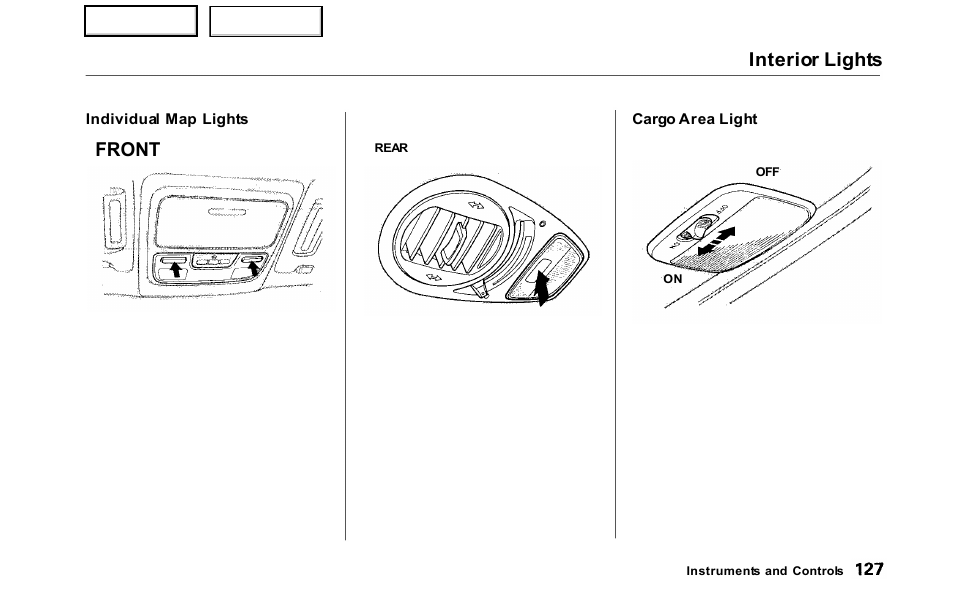 Interior lights, Front | HONDA 2000 Odyssey - Owner's Manual User Manual | Page 130 / 352