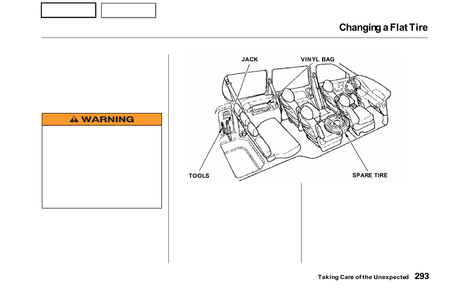 Changing a flat tire | HONDA 2000 Odyssey - Owner's Manual User Manual | Page 296 / 352