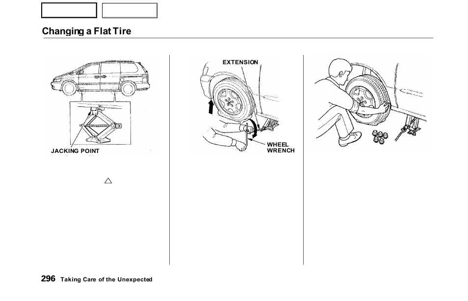 Changing a flat tire | HONDA 2000 Odyssey - Owner's Manual User Manual | Page 299 / 352