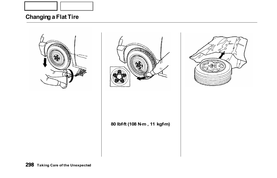 Changing a flat tire | HONDA 2000 Odyssey - Owner's Manual User Manual | Page 301 / 352