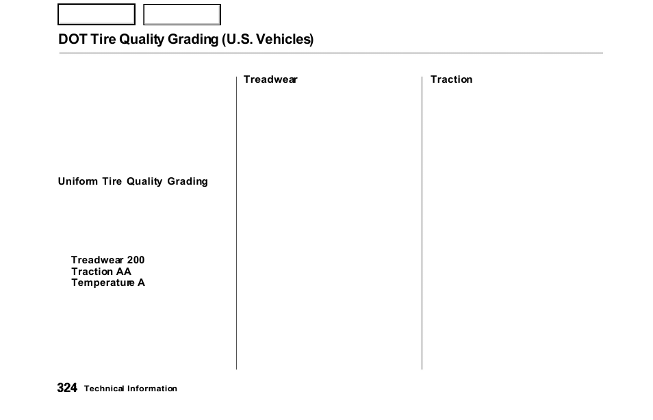 Dot tire quality grading (u.s. vehicles) | HONDA 2000 Odyssey - Owner's Manual User Manual | Page 327 / 352