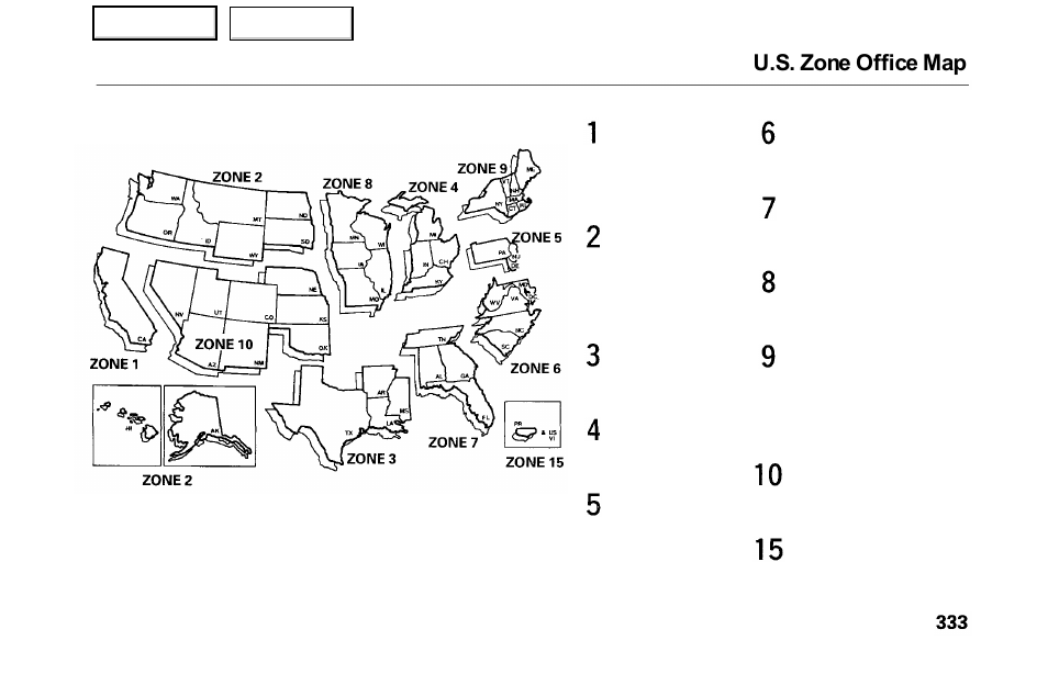 U.s. zone office map, Main menu table of contents | HONDA 2000 Odyssey - Owner's Manual User Manual | Page 336 / 352