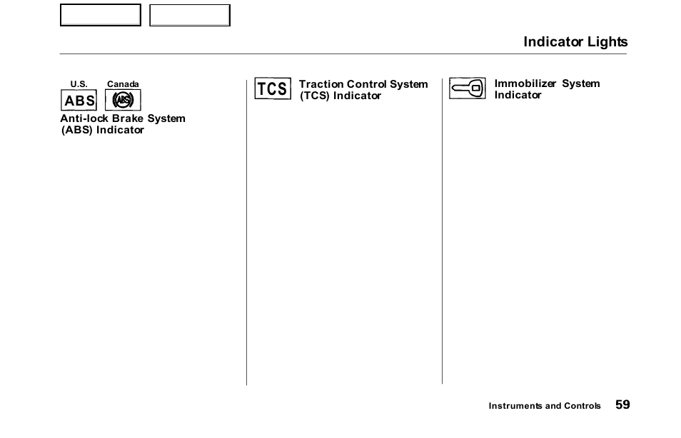 T c s, Indicator lights, A b s | HONDA 2000 Odyssey - Owner's Manual User Manual | Page 62 / 352