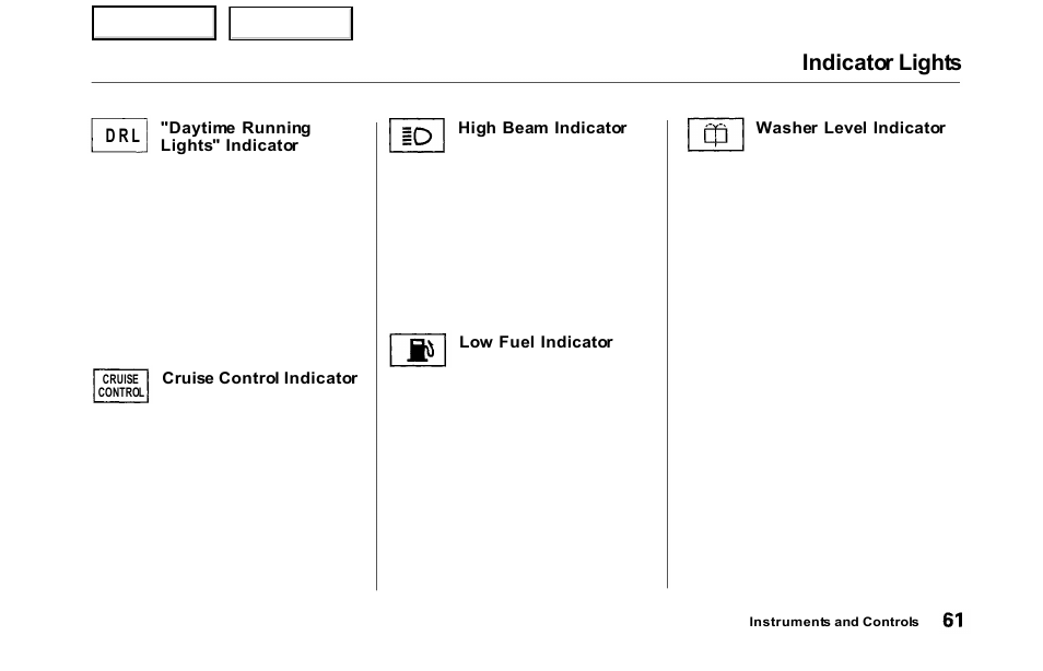 Indicator lights | HONDA 2000 Odyssey - Owner's Manual User Manual | Page 64 / 352