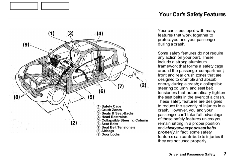 Your car's safety features | HONDA 2000 Insight  - Owner's Manual User Manual | Page 10 / 262