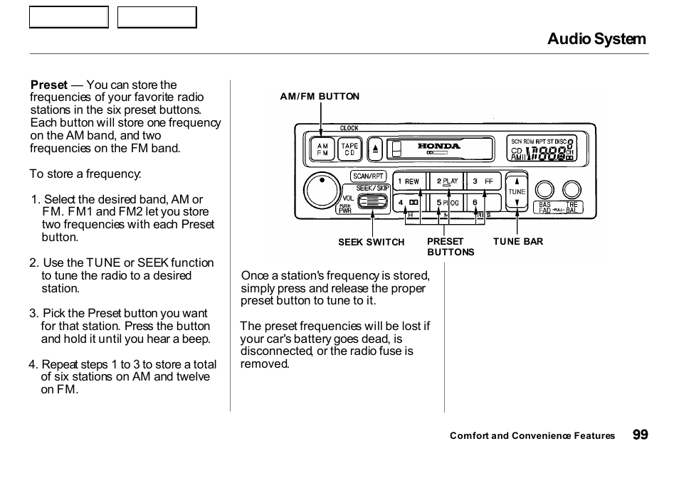 Audio system | HONDA 2000 Insight  - Owner's Manual User Manual | Page 102 / 262