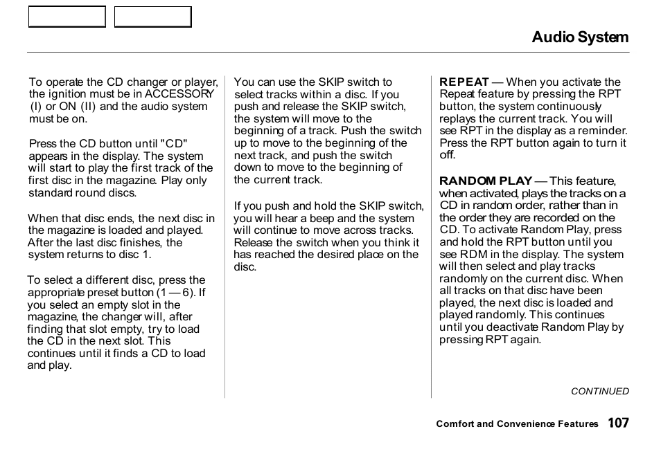 Audio system | HONDA 2000 Insight  - Owner's Manual User Manual | Page 110 / 262