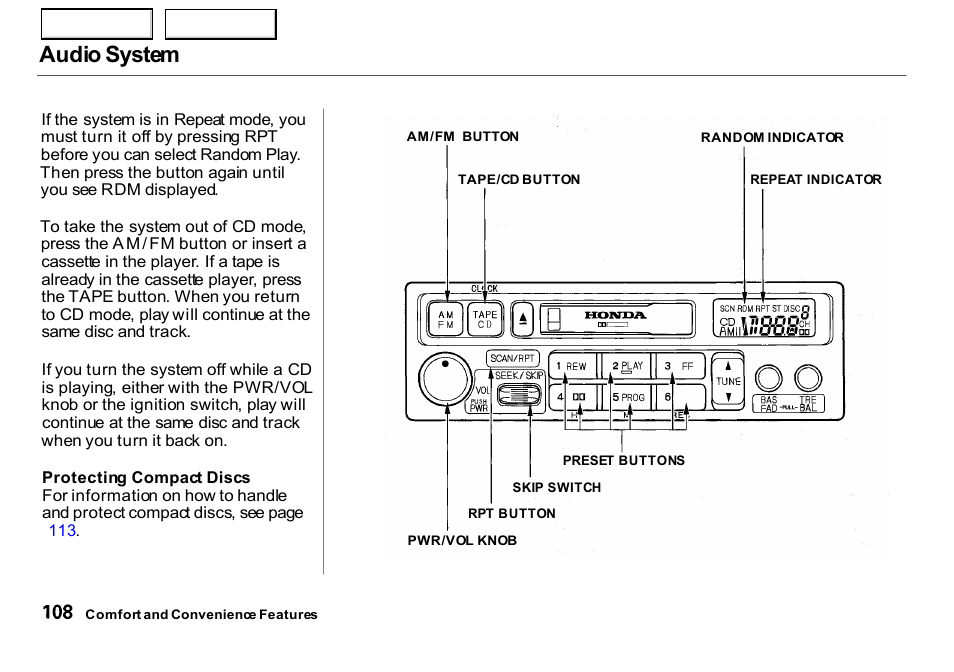 Audio system | HONDA 2000 Insight  - Owner's Manual User Manual | Page 111 / 262