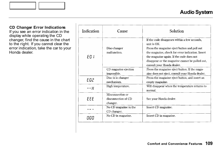 Audio system | HONDA 2000 Insight  - Owner's Manual User Manual | Page 112 / 262