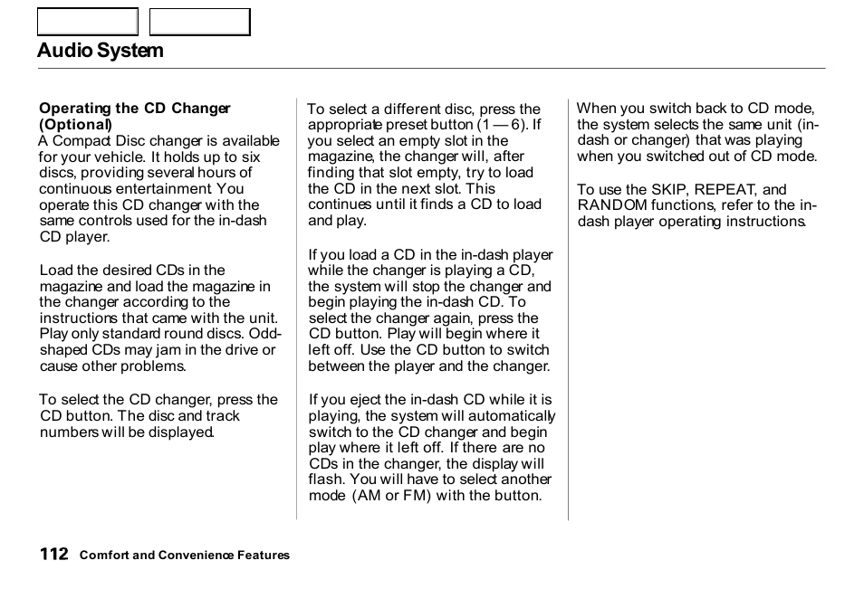 Audio system | HONDA 2000 Insight  - Owner's Manual User Manual | Page 115 / 262