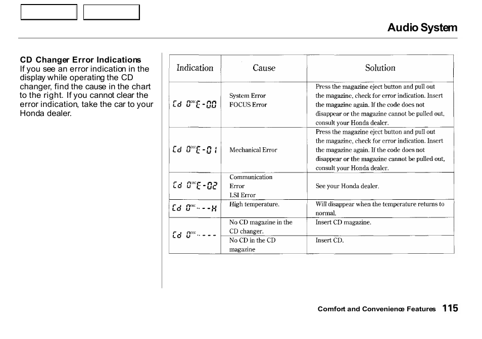 Audio system | HONDA 2000 Insight  - Owner's Manual User Manual | Page 118 / 262