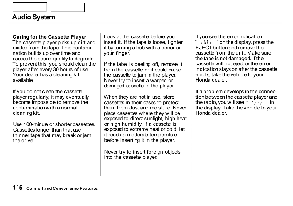 Audio system | HONDA 2000 Insight  - Owner's Manual User Manual | Page 119 / 262