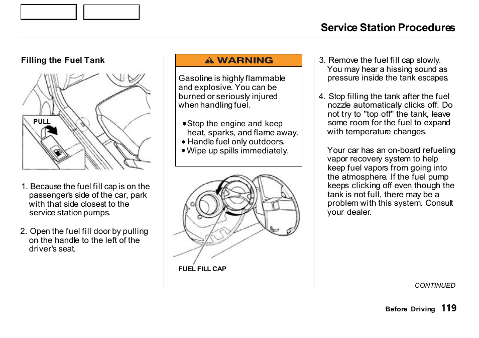 Service station procedures | HONDA 2000 Insight  - Owner's Manual User Manual | Page 122 / 262