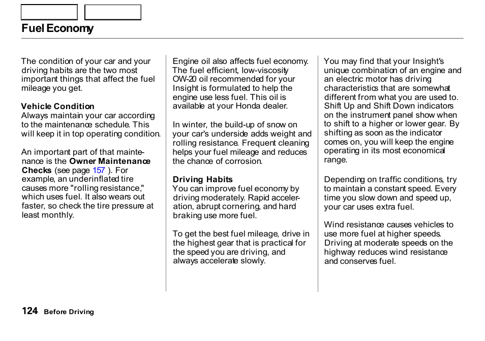 Fuel economy | HONDA 2000 Insight  - Owner's Manual User Manual | Page 127 / 262